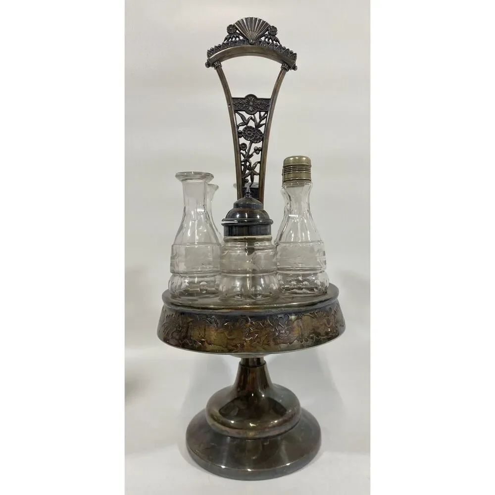 Antique Victorian Simpson Hall Miller Quadruple Plate Spinning Condiment Set 18”